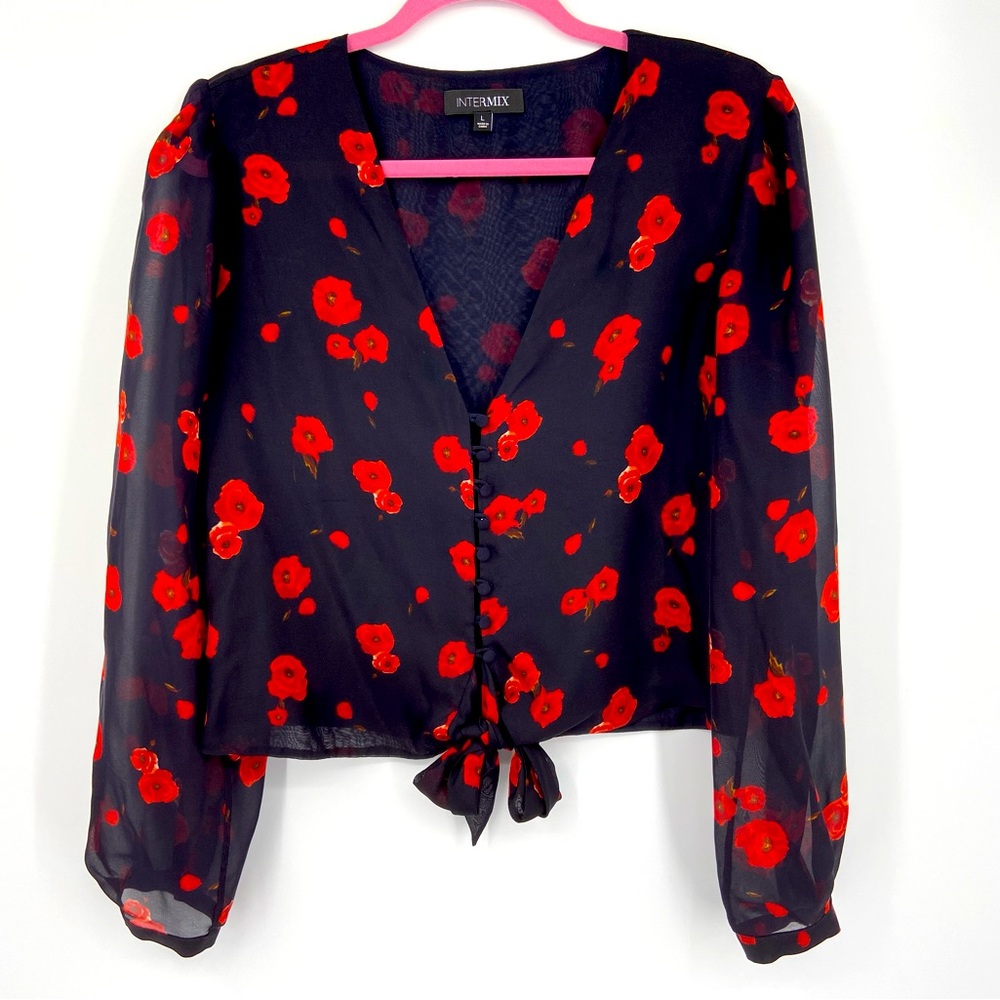 Intermix Silk Blouse, v neck, button front, long sleeve, size Large
